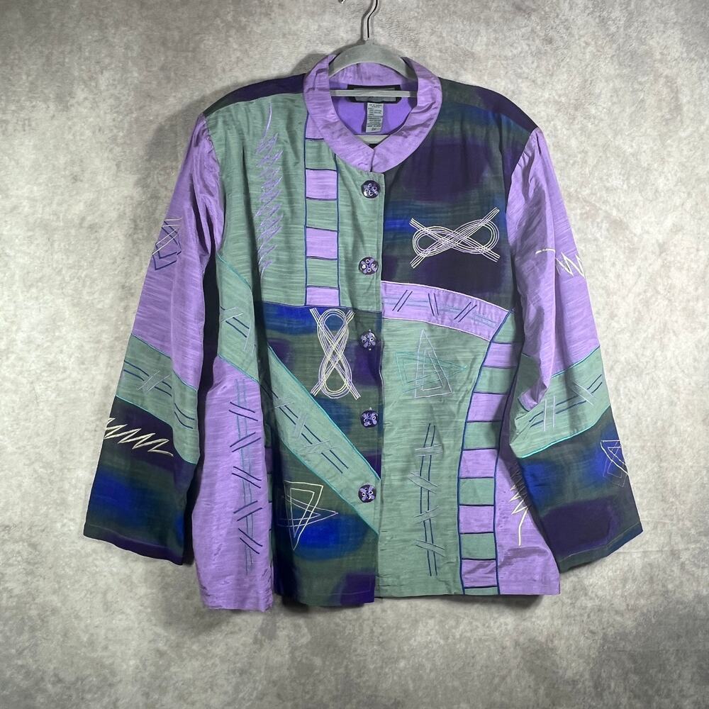 Indigo Moon Blouse Top Womens 2X Purple Geometric Embroidered Button Up Artsy